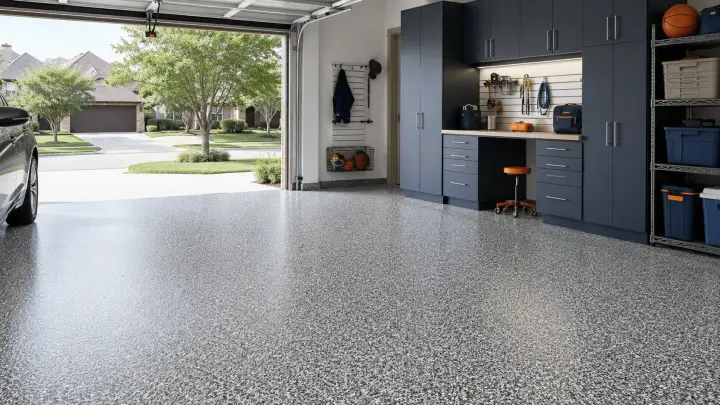 Finished full-broadcast flake garage floor in a clean residential garage with an open garage door and storage cabinets.