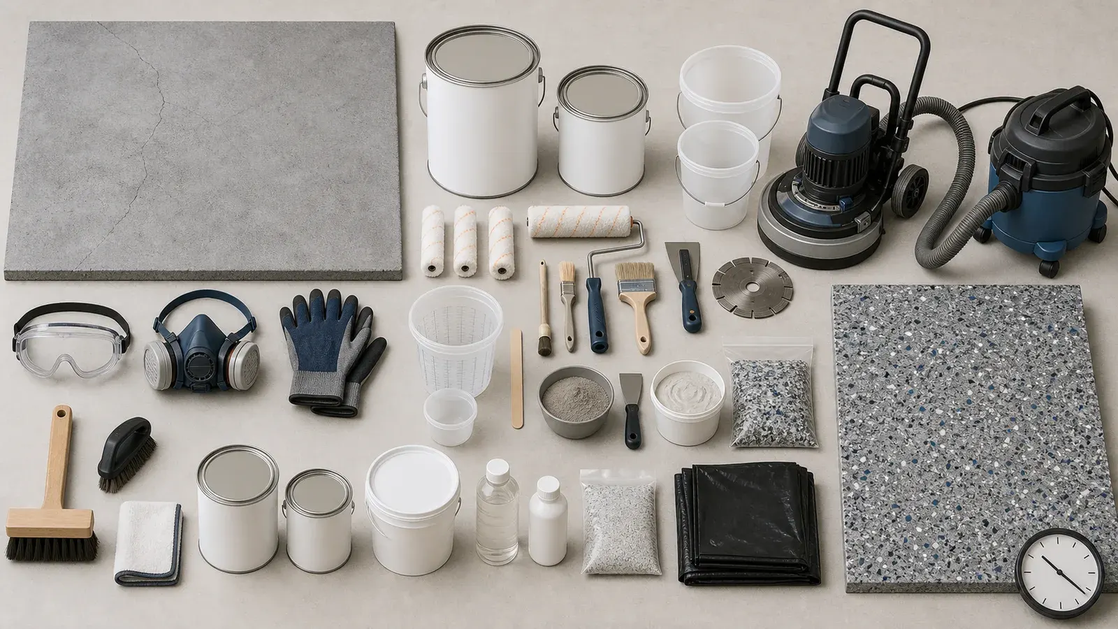 Garage floor project supplies including coatings, preparation equipment, protective gear, repair tools, flake, and a finished floor sample.