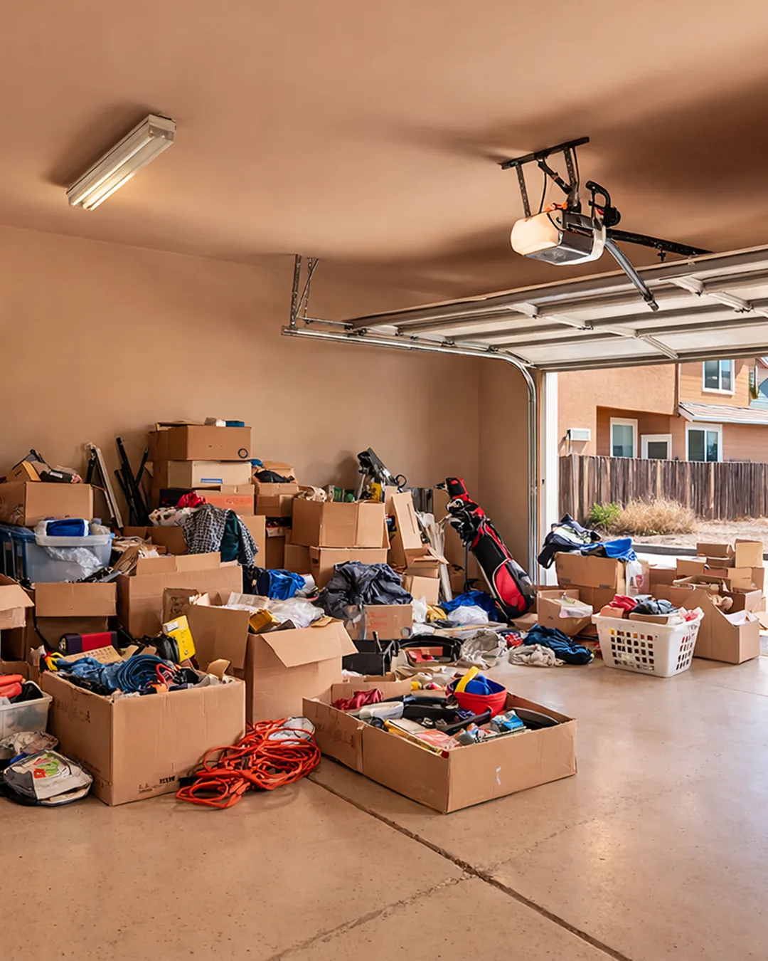 Cluttered garage with boxes and loose items covering the floor
