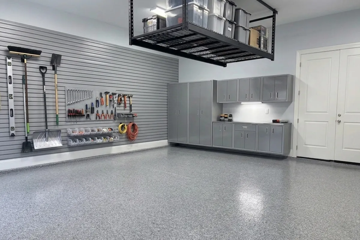 Finished full-flake epoxy garage floor coating by Ace Garage Pros in DFW