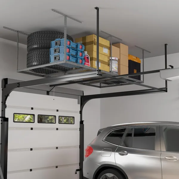 Overhead garage storage rack mounted from the ceiling