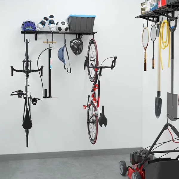 Wall-mounted garage storage rack with hooks for tools and outdoor gear