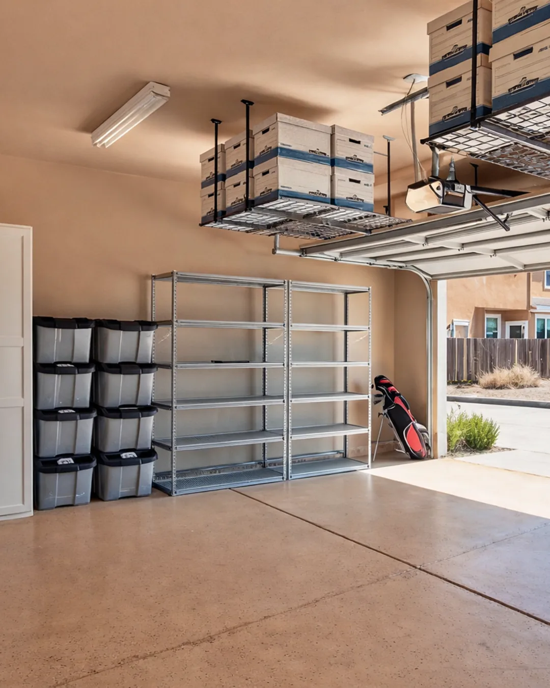 Organized garage with overhead storage and shelving keeping items off the floor