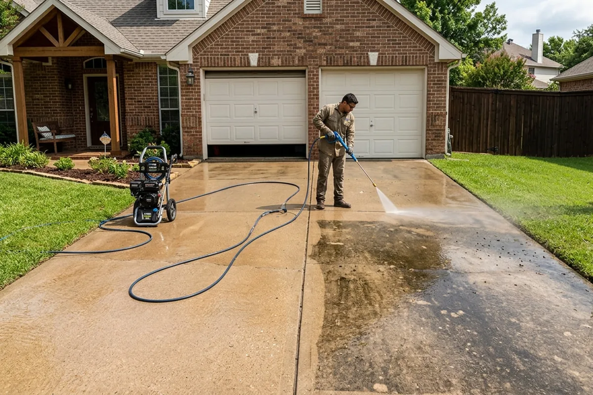 Driveway being power washed with one half clean and the other half still dirty