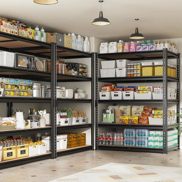 Heavy-duty freestanding metal shelving for garage storage bins and equipment