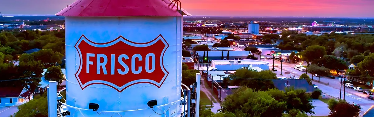 Frisco water tower at sunset in Frisco, Texas