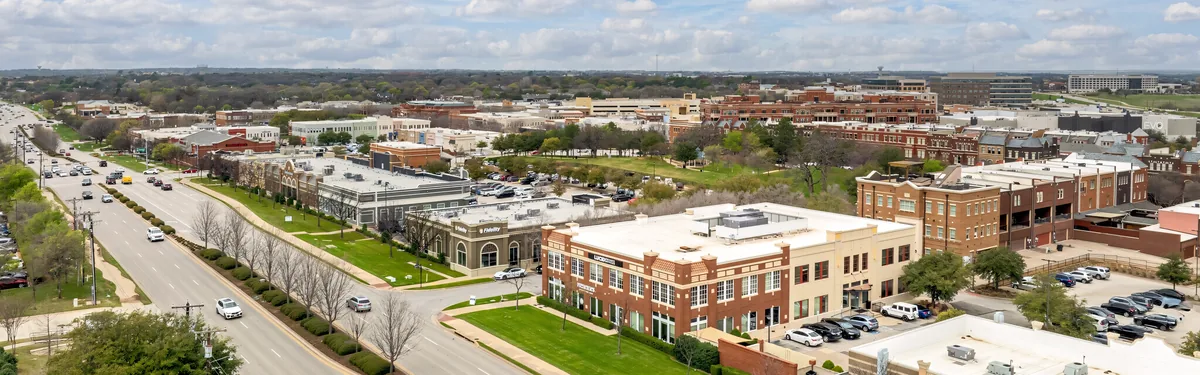 Aerial view of Southlake Town Square area in Southlake, Texas