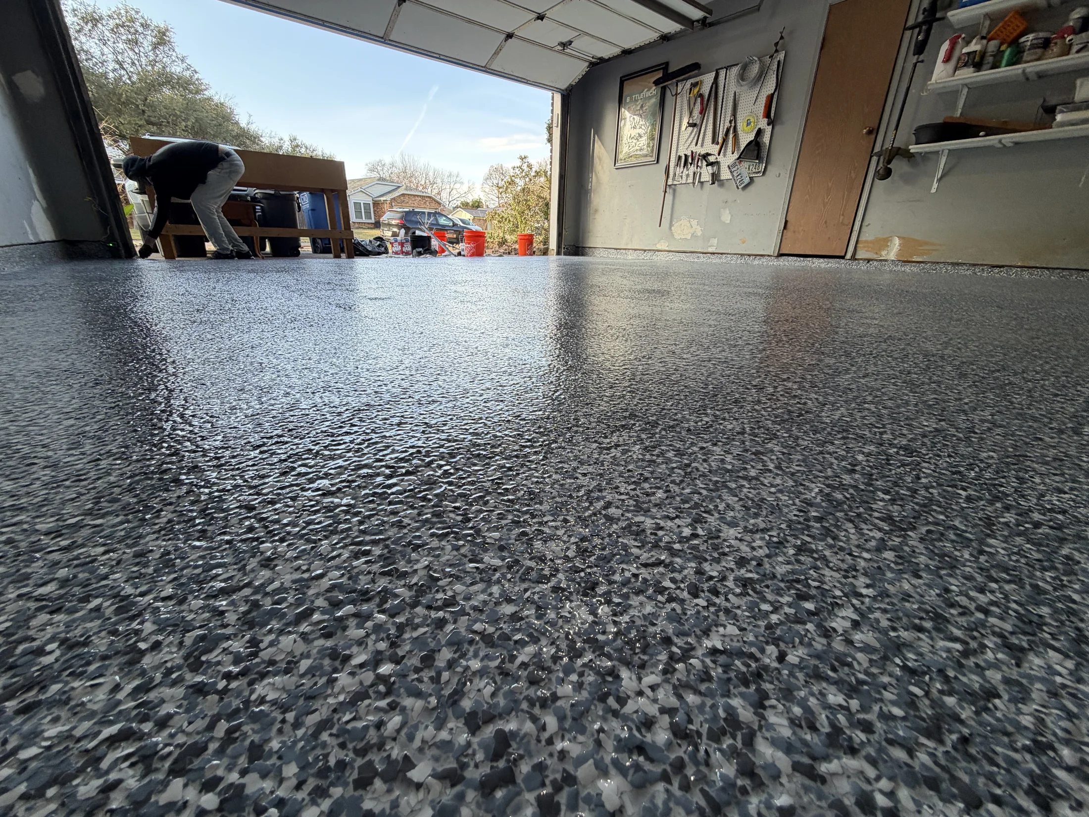 Detail of finished garage floor coating texture in Euless, Texas