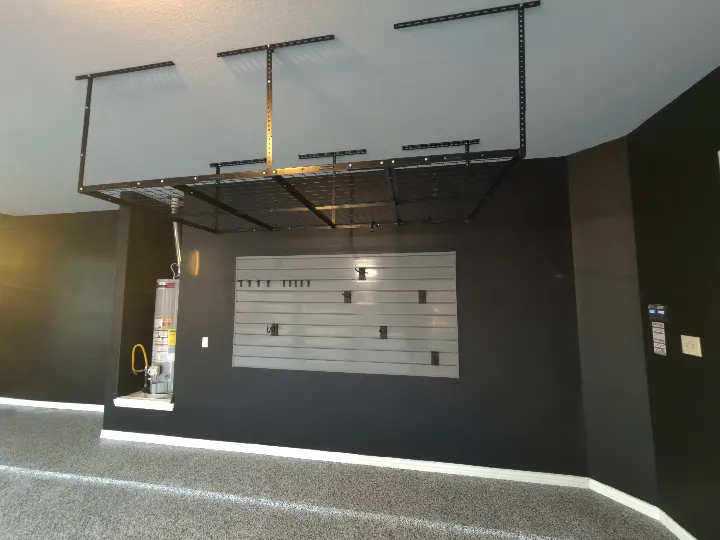 4x8 overhead garage storage rack installed in remodeled Lewisville Texas garage.