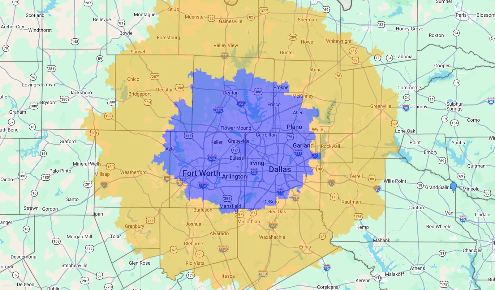 Ace Garage Pros service-area map showing standard coverage in blue and extended coverage in orange across Dallas-Fort Worth.